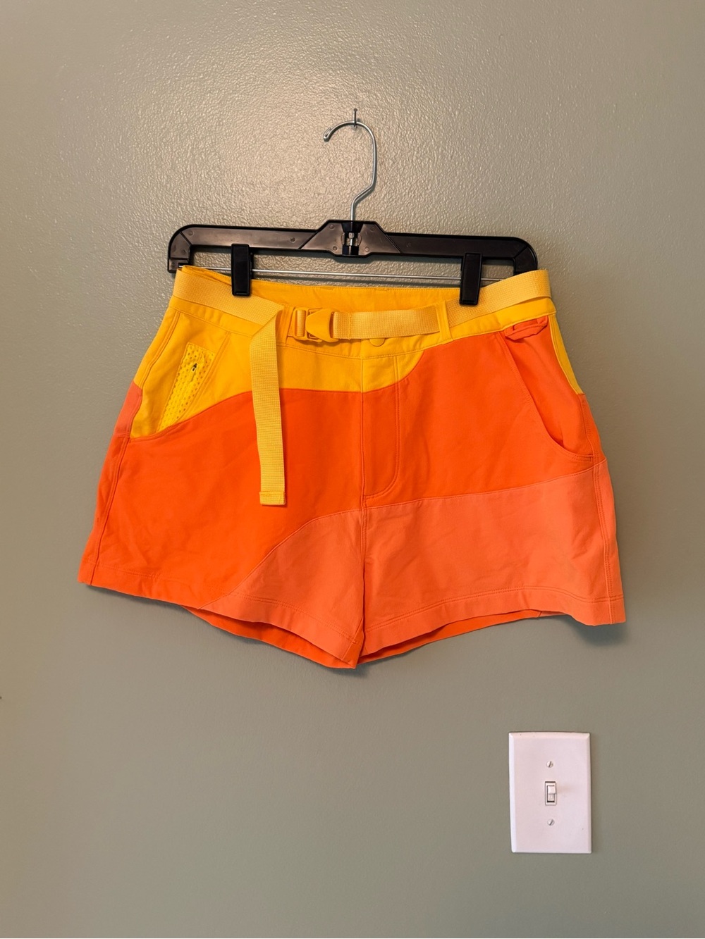 Outdoor Voices Rectrek Colorblock Active Shorts in Orange and Yellow